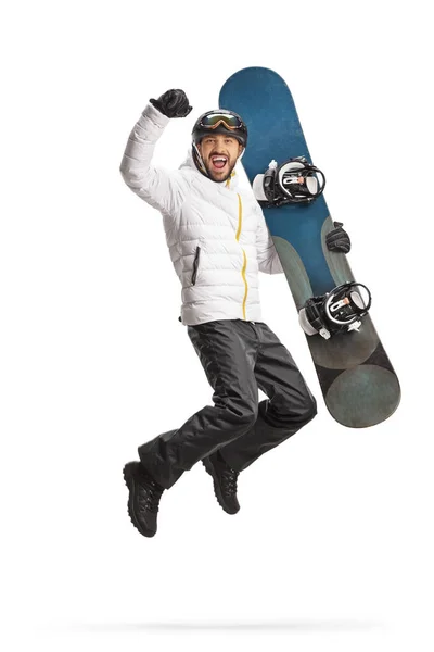 Happy Young Man Holding Snowboard Jumping Isolated White Background — Fotografia de Stock