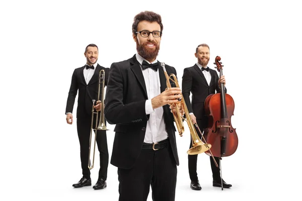 Eleganta Manliga Musiker Med Trombon Trumpet Och Cello Isolerad Vit — Stockfoto