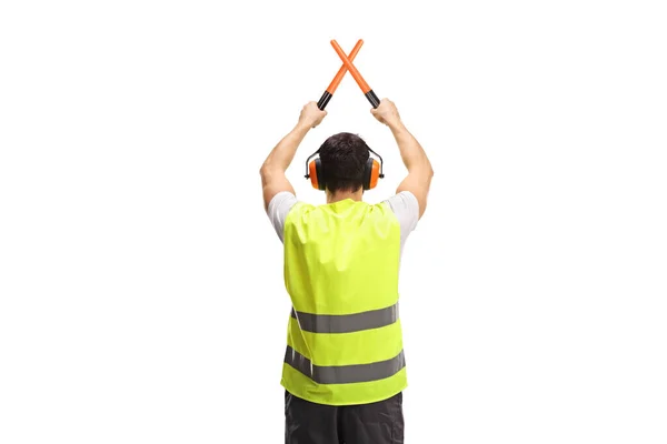 Rear View Shot Marshaller Signalling Crossed Wands Isolated White Background —  Fotos de Stock
