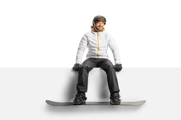 Man Wearing Snowboard Sitting Blank Panel Isolated White Background — Foto Stock