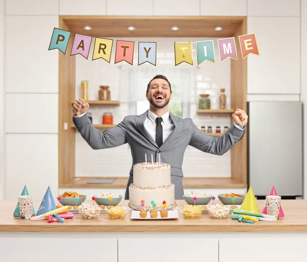 Happy Man Suit Tie Standing Kitchen Decorated Party — Foto Stock