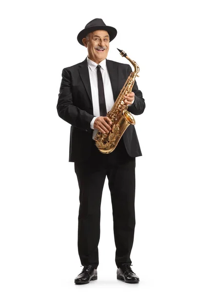 Полный Портрет Зрелого Элегантного Музыканта Саксофоном Белом Фоне — стоковое фото