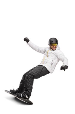 Full length shot of a man on a snowboard isolated on white background