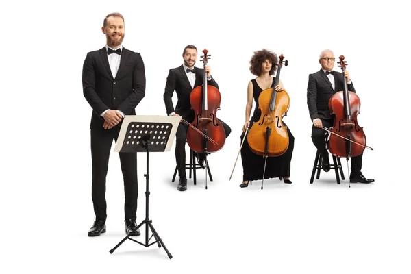 Group Male Female Cellists Music Conductor Posing Isolated White Background — Stockfoto