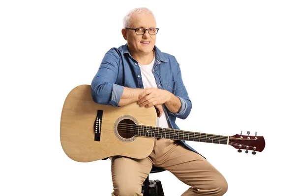 Portrait Mature Man Acoustic Guitar Sitting Chair Isolated White Background — Stockfoto