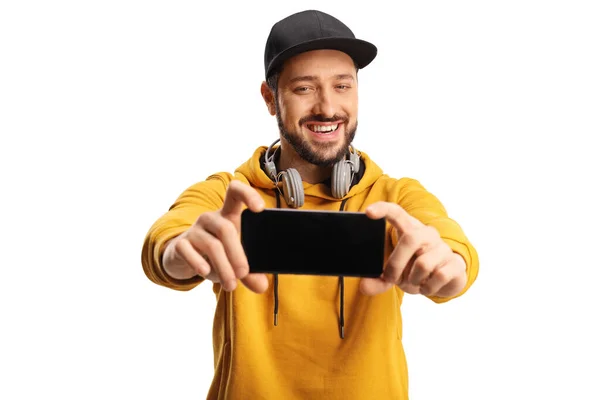 Cheerful Guy Taking Selfie Smartphone Isolated White Background — Photo