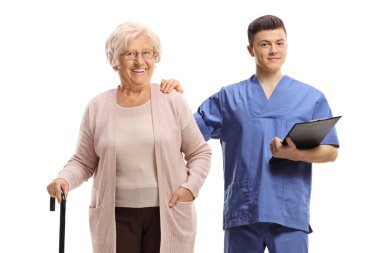 Medical worker with a clipboard and an elderly female patient with a walking cane isolated on white background