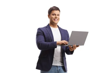 Man holding an open laptop computer and smiling at camera isolated on white background
