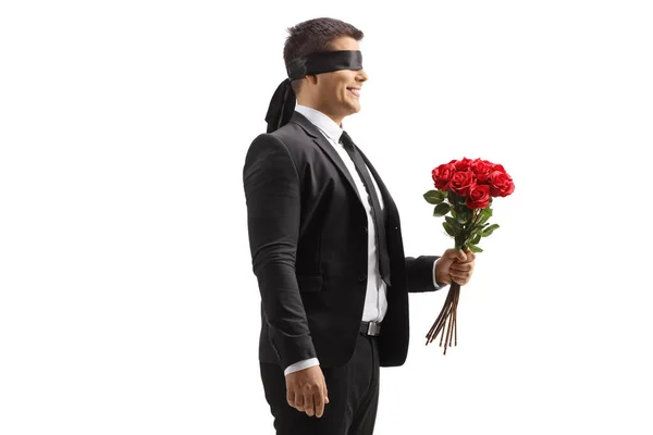 Profile Shot Man Suit Blindfold Holding Bunch Red Roses Isolated — Foto de Stock