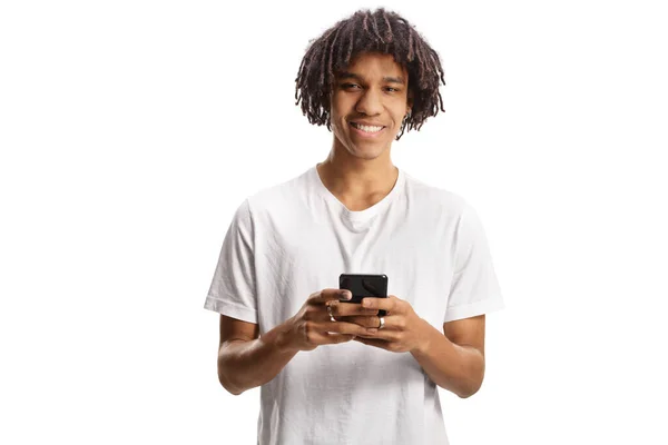 African American Young Man Dreadlocks Using Smartphone Smiling Isolated White — Photo