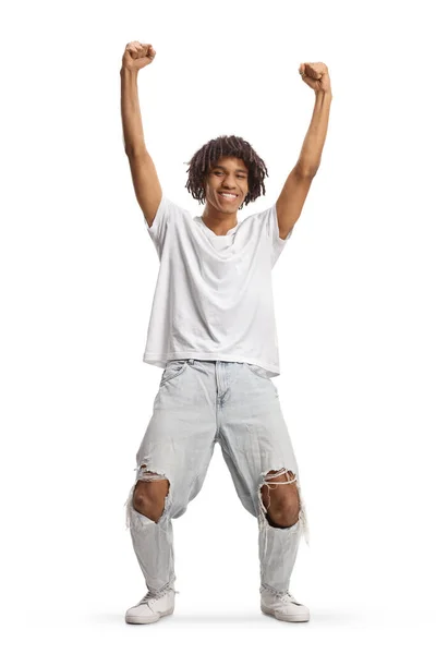 Full Length Portrait Young African American Man Dreadlocks Gesturing Happiness — Fotografia de Stock