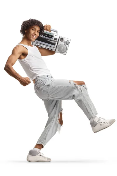 Cheerful Afircan American Man Dancing Carrying Boombox Shoulder Isolated White — Photo