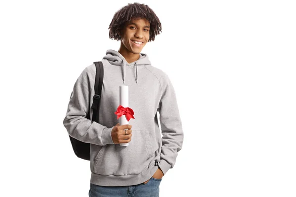 Young Male African American Student Backpack Holding Diploma Isolated White — Photo