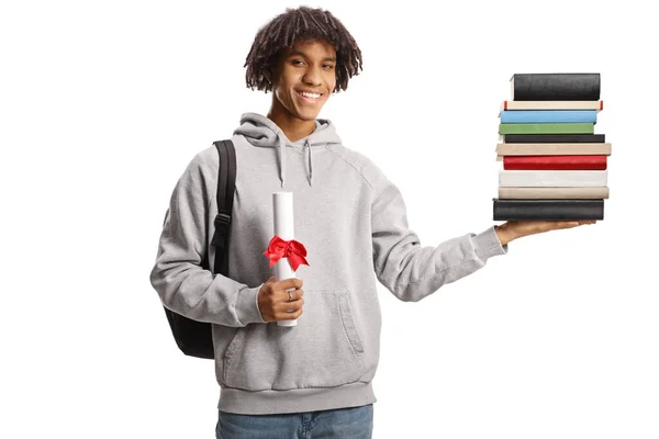 Young Male African American Student Backpack Holding Diploma Pile Books — Fotografia de Stock