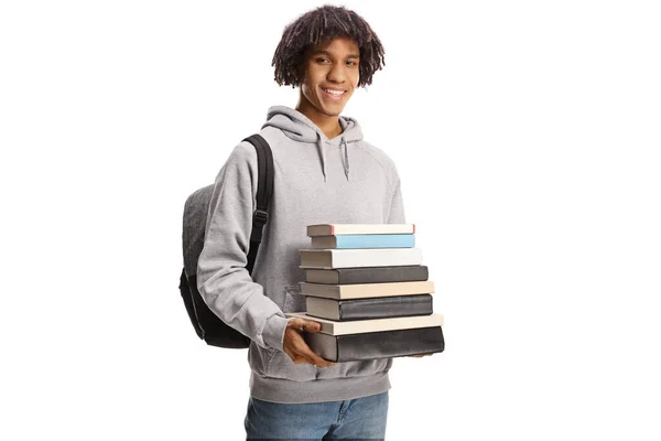 Smiling Male African American Student Backpack Holding Pile Books Isolated — Fotografia de Stock