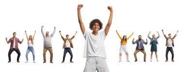 African american young man cheering and other people behind raising arms isolated on white background clipart