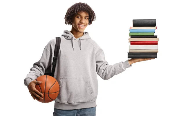 African American Male Student Holding Basketball Pile Books Isolated White — Fotografia de Stock
