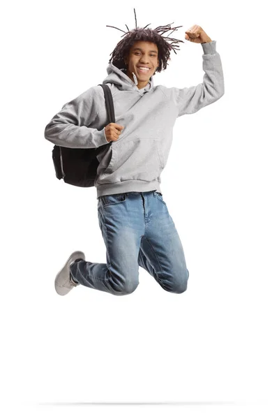 Happy African American Male Student Jumping Gesturing Hand Isolated White — Fotografia de Stock