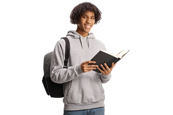 Male African American Student Standing Reading Book Isolated White Background — Fotografia de Stock