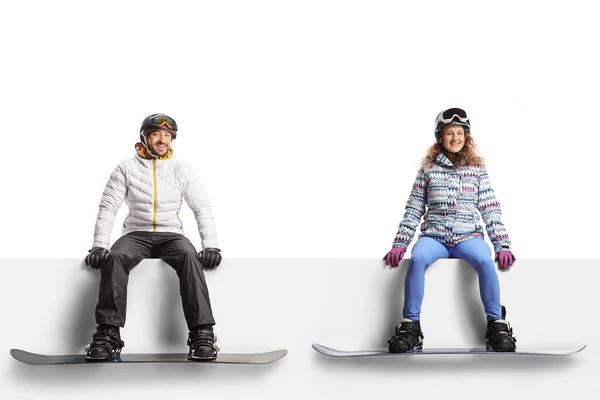 Young Man Woman Snowboards Sitting Blank Panel Isolated White Background — Stock Photo, Image