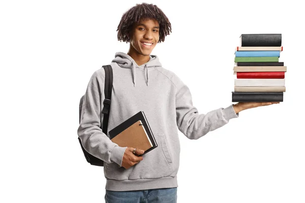 African American Young Male Carrying Backpack Holding Stack Books Isolated — Fotografia de Stock
