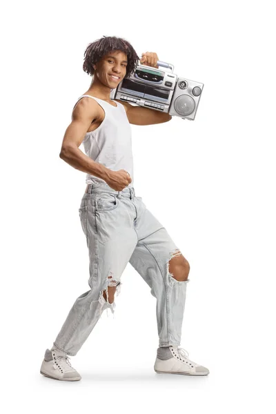 African American Guy Dancing Boombox Isolated White Background — Photo