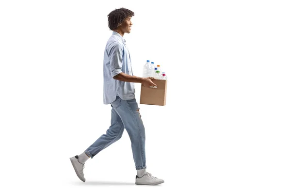 Full Length Profile Shot Young African American Man Carrying Box — Stock Photo, Image