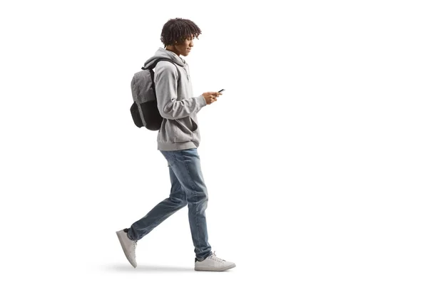 Full Length Profile Shot African American Male Backpack Walking Using — Photo