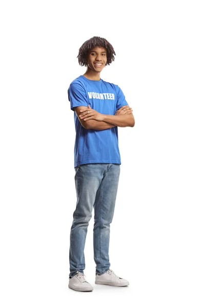 Full Length Portrait Young African American Man Wearing Blue Volunteer — Fotografia de Stock