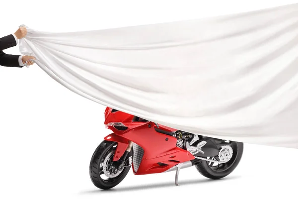 Male Hands Holding White Piece Cloth Front Red Motorbike Isolated — Photo