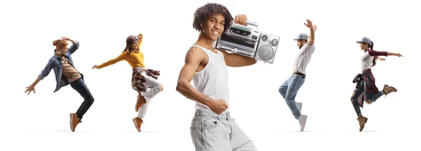 African American Guy Holding Boombox People Dancing Back Isolated White — Fotografia de Stock