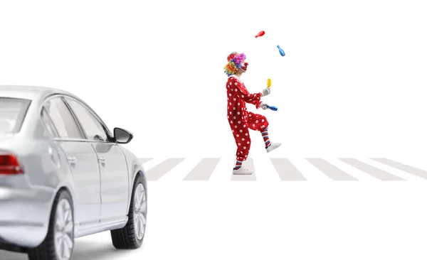 Clown Juggling Pedestrian Crossing Car Waiting Isolated White Background —  Fotos de Stock