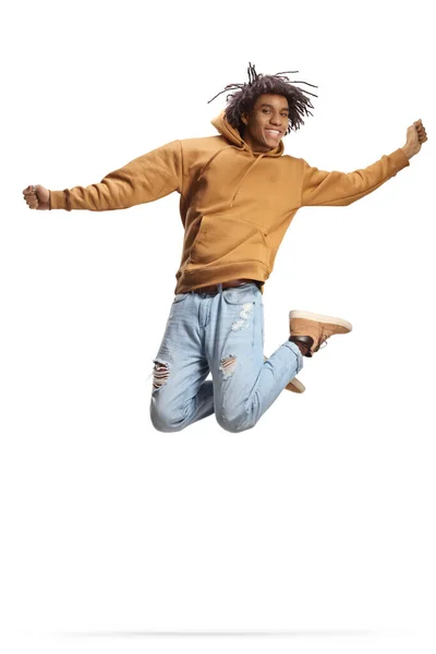 Happy African American Guy Jumping Smiling Isolated White Background — Photo