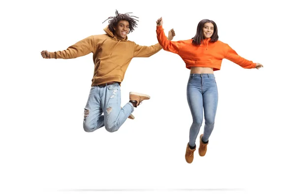 Happy African American Guy Caucasian Female Jumping Smiling Isolated White — Photo