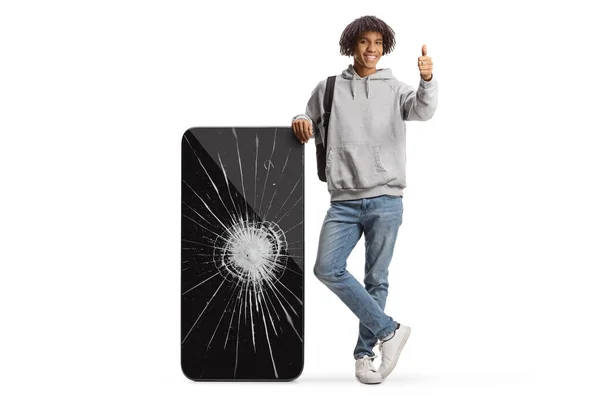 Young African American Male Student Big Mobile Phone Cracked Screen — Photo