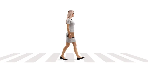 Full Length Profile Shot Woman Holding Books Walking Pedestrian Crossing — ストック写真