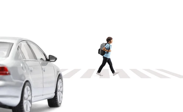 Boy Crossing Road Pedestiran Crossing Car Driving Isolated White Background — Photo