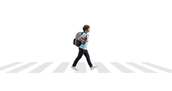 Boy Backpack Walking Pedestrian Crossing Isolated White Background — Photo