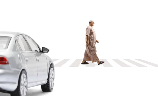 Vehicle Mature Arab Man Ethinc Clothes Walking Pedestrian Crossing Isolated — Photo