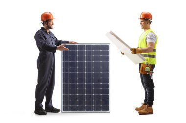 Worker presenting a solar panel to a contractor isolated on white background