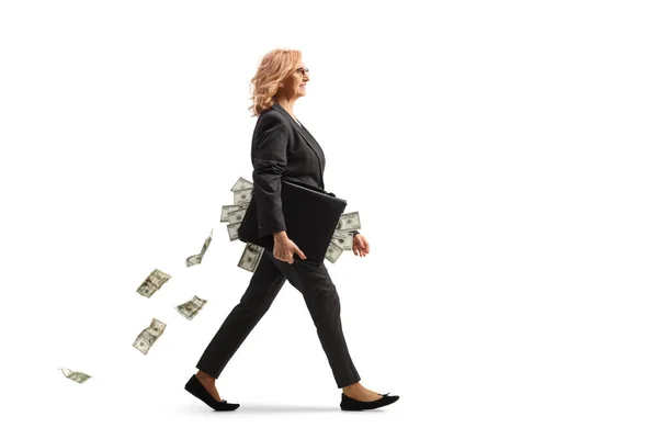Full Length Profile Shot Businesswoman Walking Carrying Briefcase Full Money — Fotografia de Stock