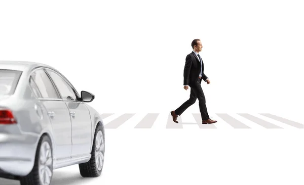 Car Stopping Pedestiran Corssing Businessman Walking Isolated White Background — Photo