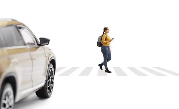 Female student crossing street and car approaching isolated on white background