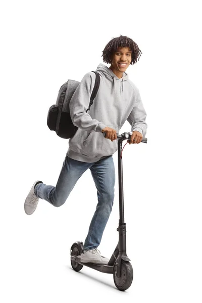 African American Male Student Riding Electirc Scooter Smiling Isolated White — Photo