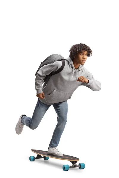 African American Guy Backpack Riding Longboard Isolated White Backgroun — Photo
