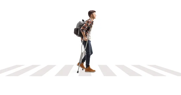 Male Student Walking Crutches Pedestrian Crossing Isolated White Background — Stock Photo, Image
