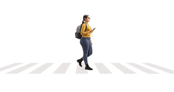 Female Student Pedestiran Crossing Walking Listening Music Smartphone Isolated White — Photo