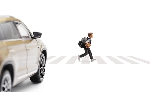 Boy Running Pedestiran Crossing Car Approaching Isolated White Background — Photo