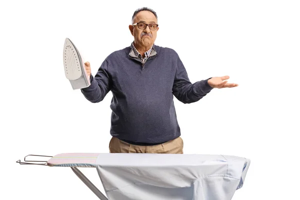 Confused Mature Man Ironing Shirt Isolated White Background — Fotografia de Stock