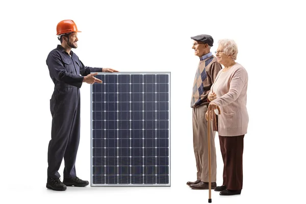 Factory Worker Solar Panel Talking Elderly Couple Isolated White Background — Stock Photo, Image